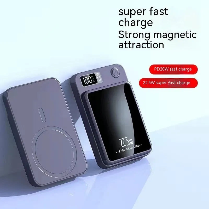 Wireless MagSafe power bank in black, showing industrial style plastic shell and compact rectangular shape.