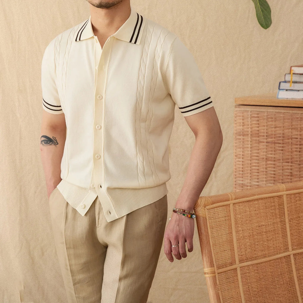 Man wearing a short-sleeved apricot lapel polo shirt made from cotton-polyester blend fabric.