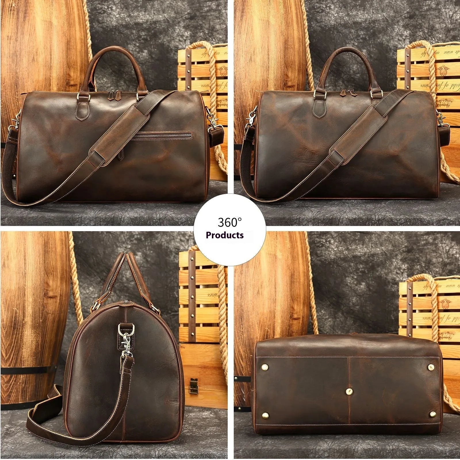 Vintage brown genuine leather large crossbody bag with strap shown open.
