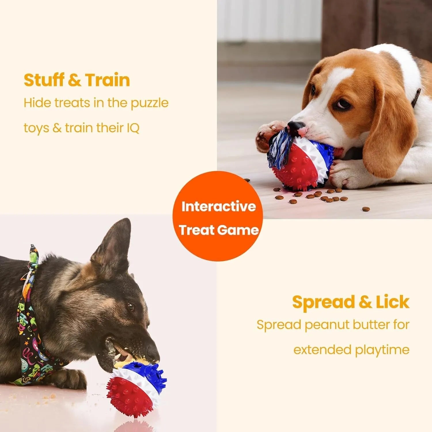 Blue and red TPR rubber dog chew toy with treat dispenser for aggressive chewers