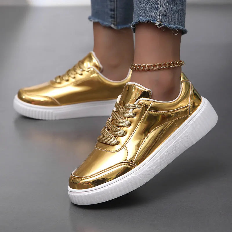 Rose gold platform sneakers with sequin details and a thick MD sole.