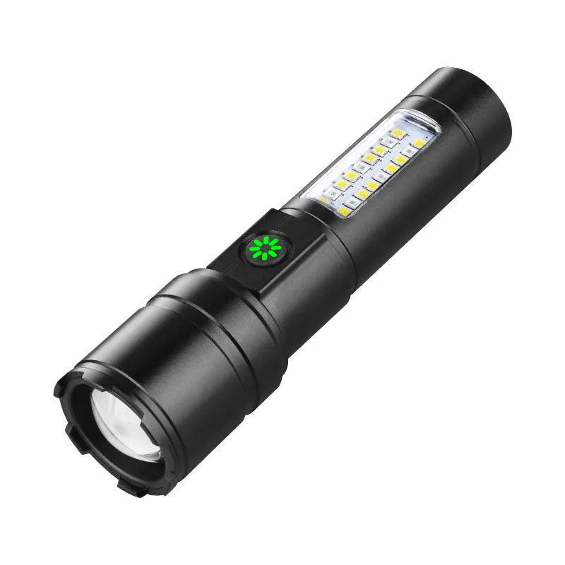 Black aluminium alloy USB rechargeable flashlight torch with optical zoom lens.