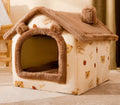 Foldable pet bed with plush fur, enclosed cave shape, removable nest, and durable bottom, in grey star or navy blue carrot.