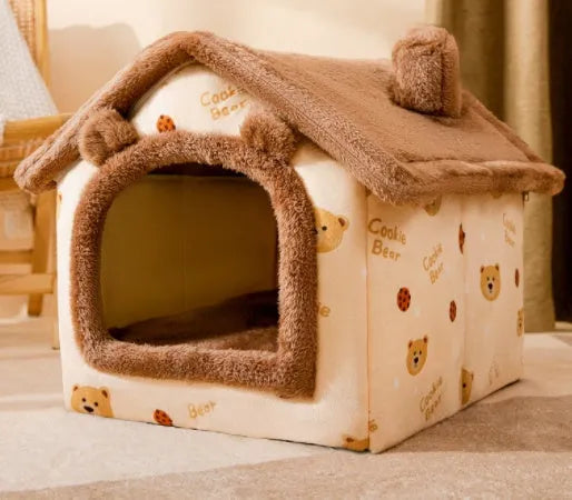 Foldable pet bed with plush fur, enclosed cave shape, removable nest, and durable bottom, in grey star or navy blue carrot.