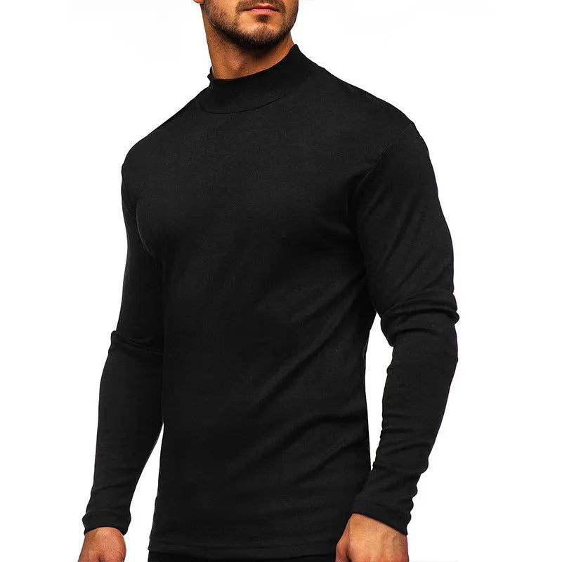 Men's autumn winter Dralon polyester high-neck long-sleeve pullover in solid colour, slim fit, US sizes S-2XL