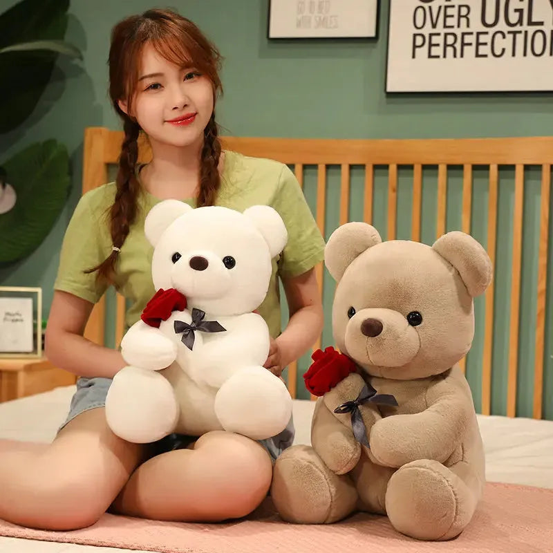 Soft plush teddy bear doll in beige, brown or grey with PP cotton filling, showing 23cm to 45cm size options
