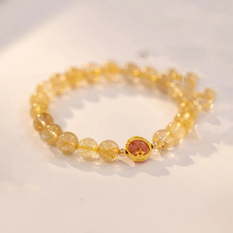 Natural gold rutilated quartz crystal bracelet with diamond-shaped beads in Korean style