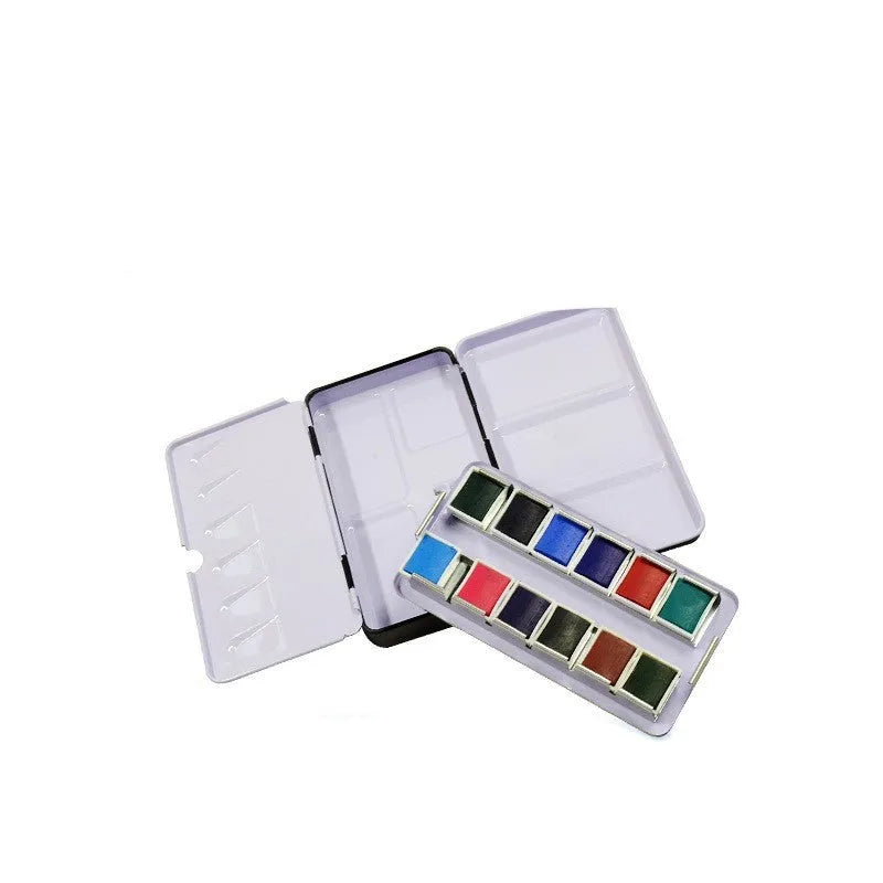 Square tinplate paint box with three-fold design for watercolour pigment storage
