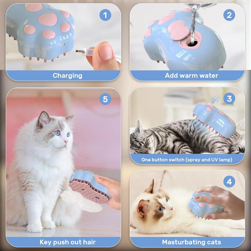 Blue self-cleaning cat steam brush with silicone bristles and a water spray nozzle.