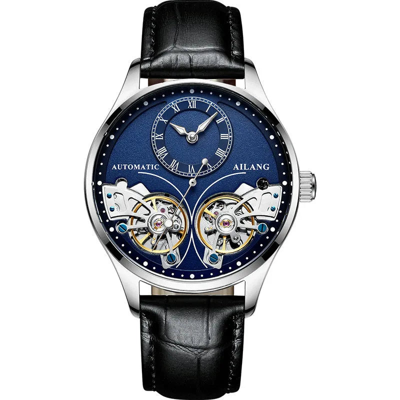 Men's automatic watch with tourbillon, moon phase, black steel case, and transparent back showing Seiko movement.