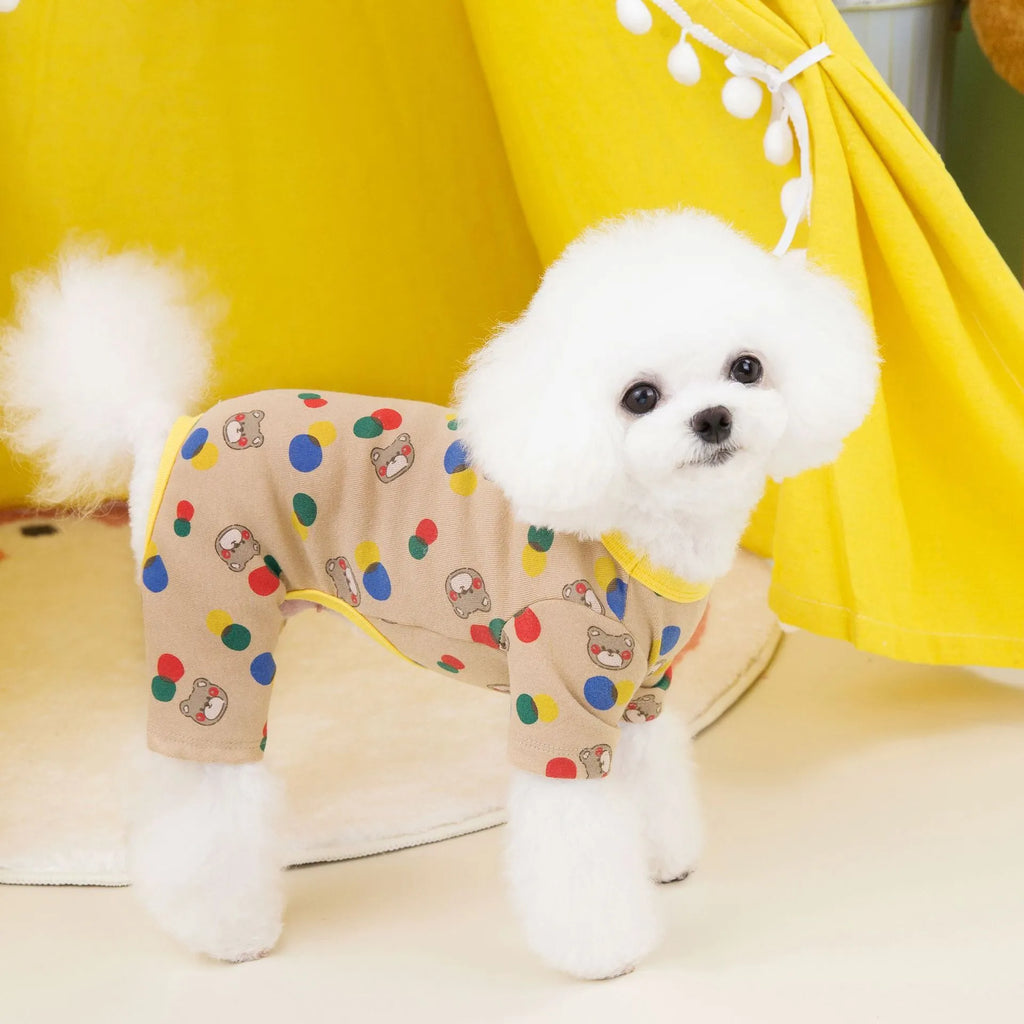 Dog pet clothes with colourful ball bear design in beige or light brown, cotton blend, sizes S-XXL