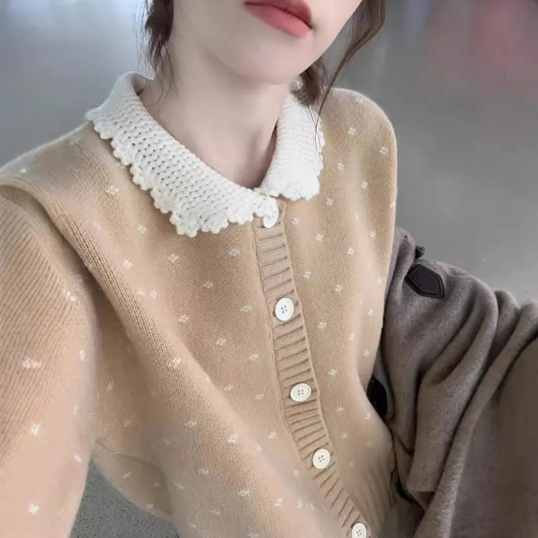 Retro Peter Pan collar knitted cardigan coat with floral embroidery in three colour options