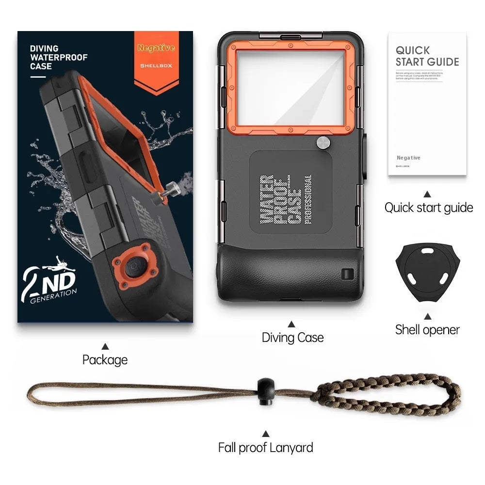 Black Orange metal phone case with lanyard for universal fit, showing all inclusive waterproof design