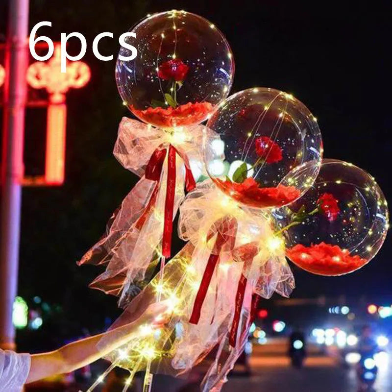 DIY LED luminous balloon rose bouquet set with transparent Bobo balls and LED lights on artificial flowers