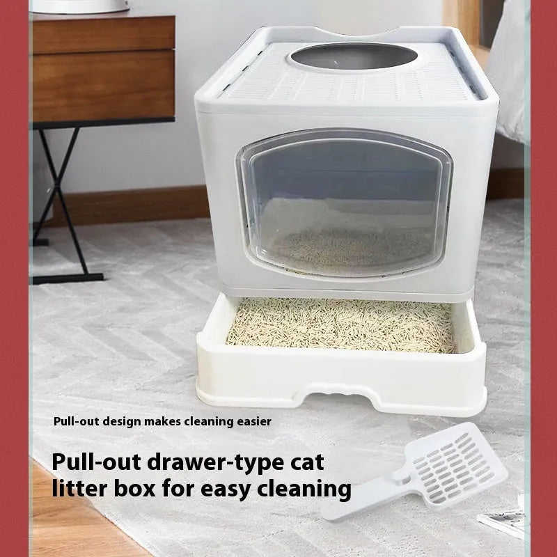 Folding enclosed cat litter box in ABS and PP, 51 x 41 x 44 cm, available in blue, pink, or grey.