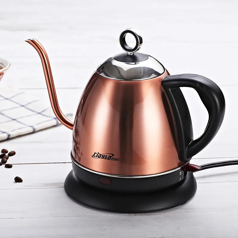 Gold full-automatic stainless steel kettle with touch controls and 1L capacity for making coffee.