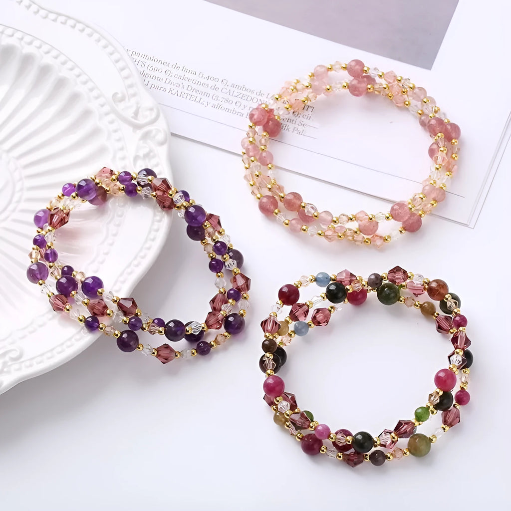 Handmade women's adjustable bracelet with three amethyst, strawberry quartz, or tourmaline crystal stones.