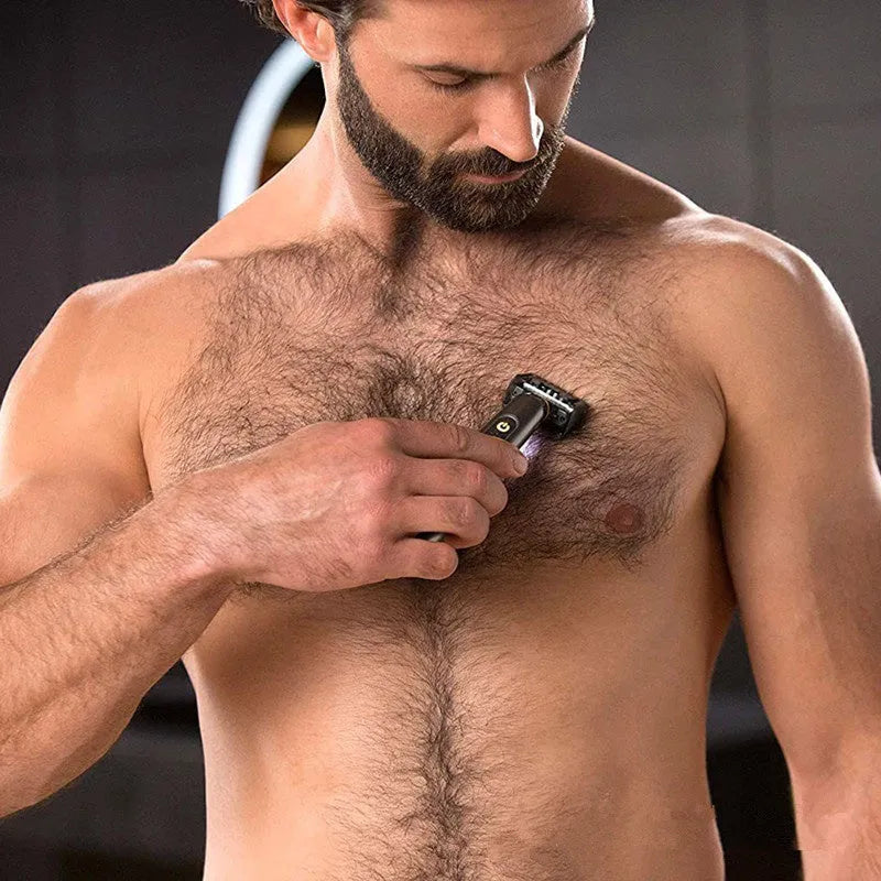 Black wireless rechargeable men's shaver with LED light on a compact stainless steel blade head
