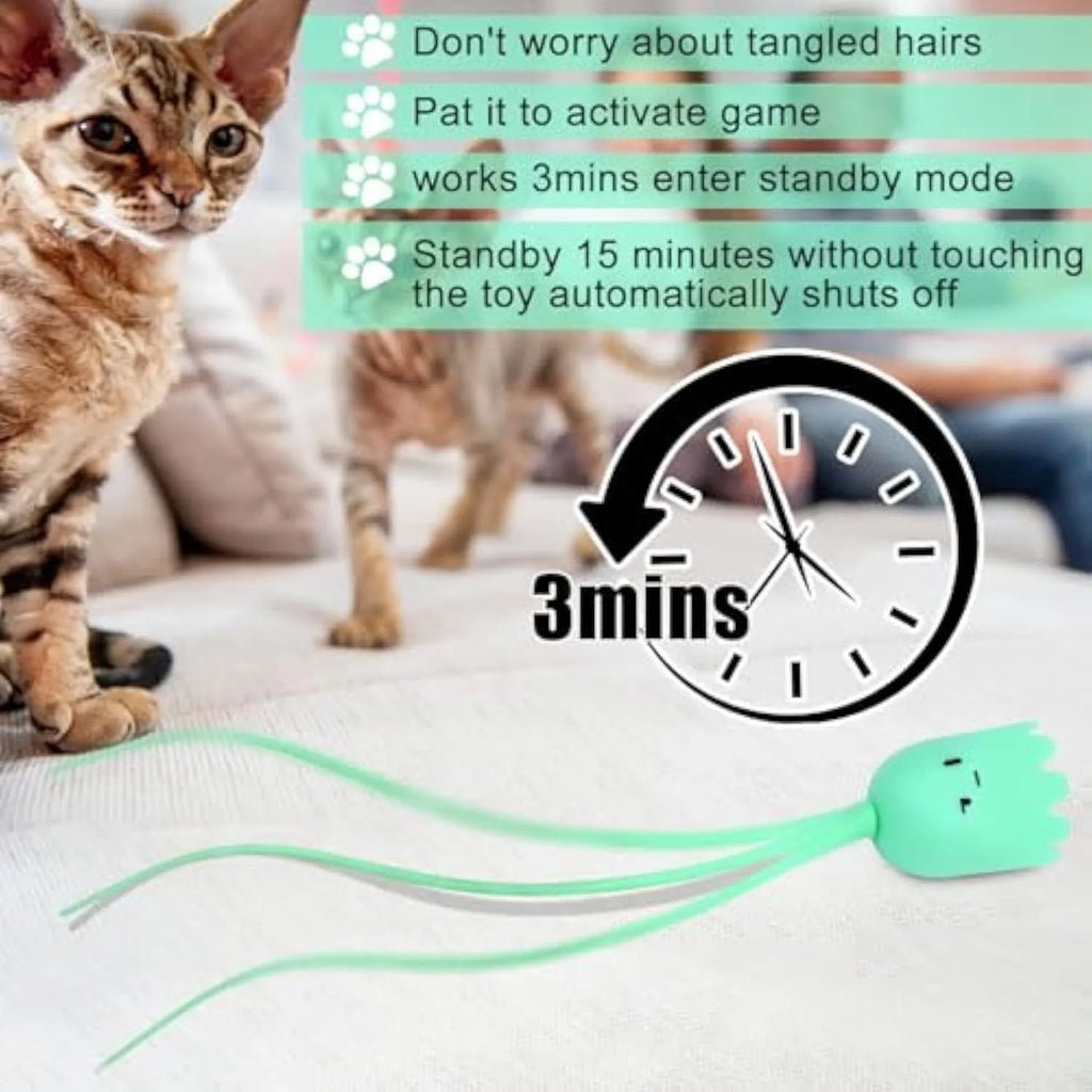 Green electronic cat wand toy with moving silicone tails for indoor cat play