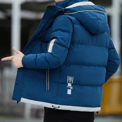 Men casual padded polyester jacket with stand-up collar in black, front view