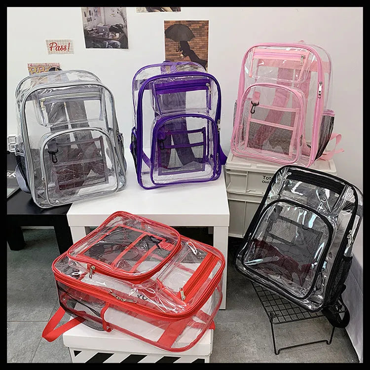 Clear transparent PVC waterproof backpack with a red inner voile bag visible inside.