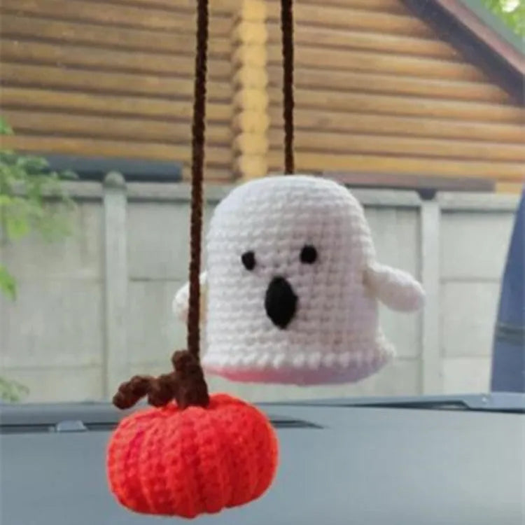 Polyester plush hand-woven cartoon automobile hanging ornament showing Halloween bat and ghost designs.