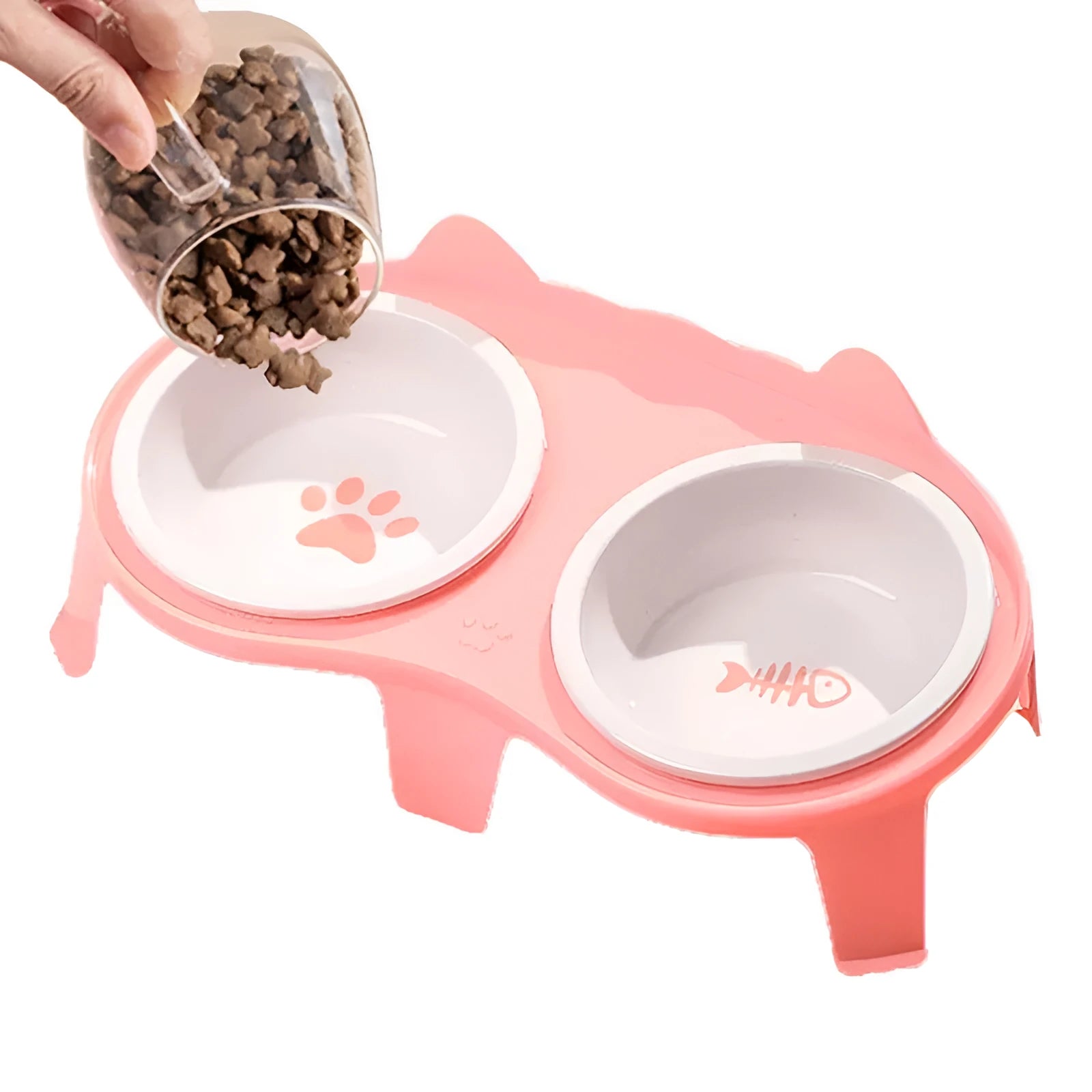 Blue ceramic cat food and water bowl set on a white elevated plastic stand with hook design.