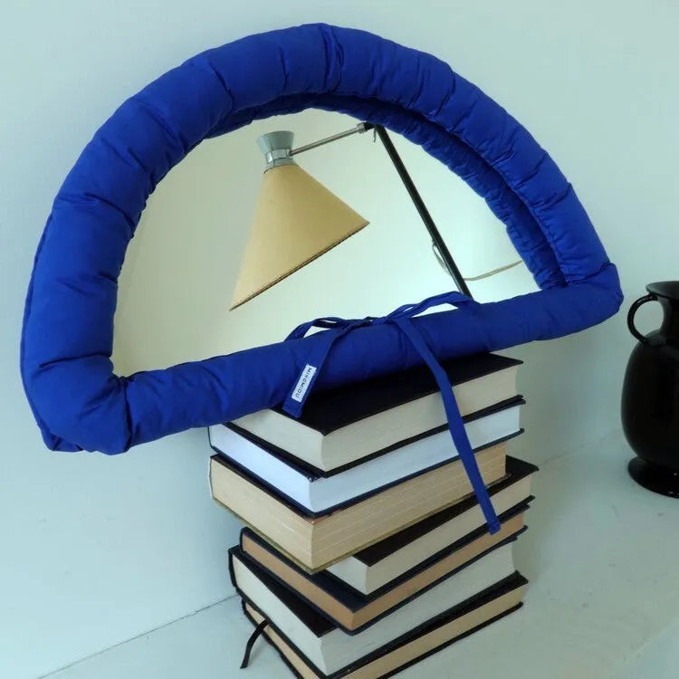 Hanging soft fabric mirror with cotton filling in white, black, or sapphire blue