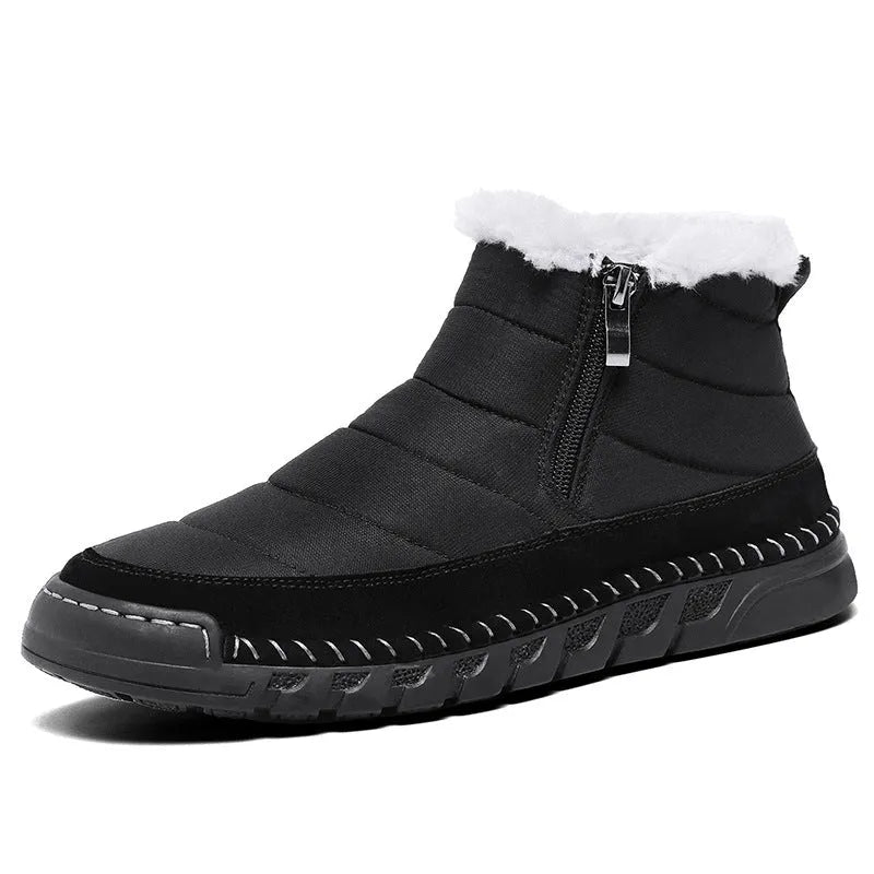 Men's plus size snow boot in black with round toe, cotton upper, and rubber sole.