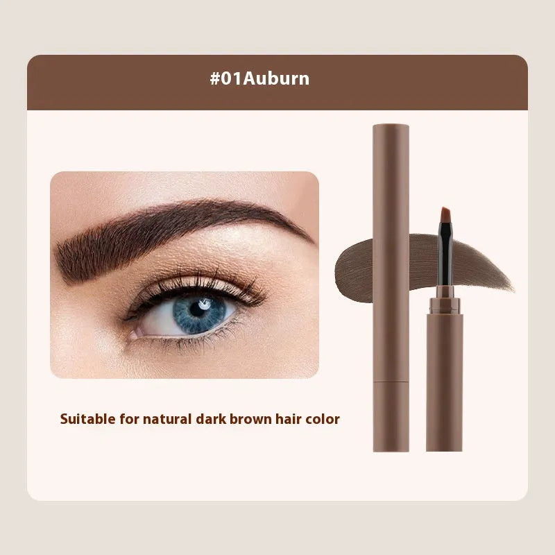Dual-ended eyebrow cream in five colour shades including reddish brown, brown, light brown, dark brown, and black