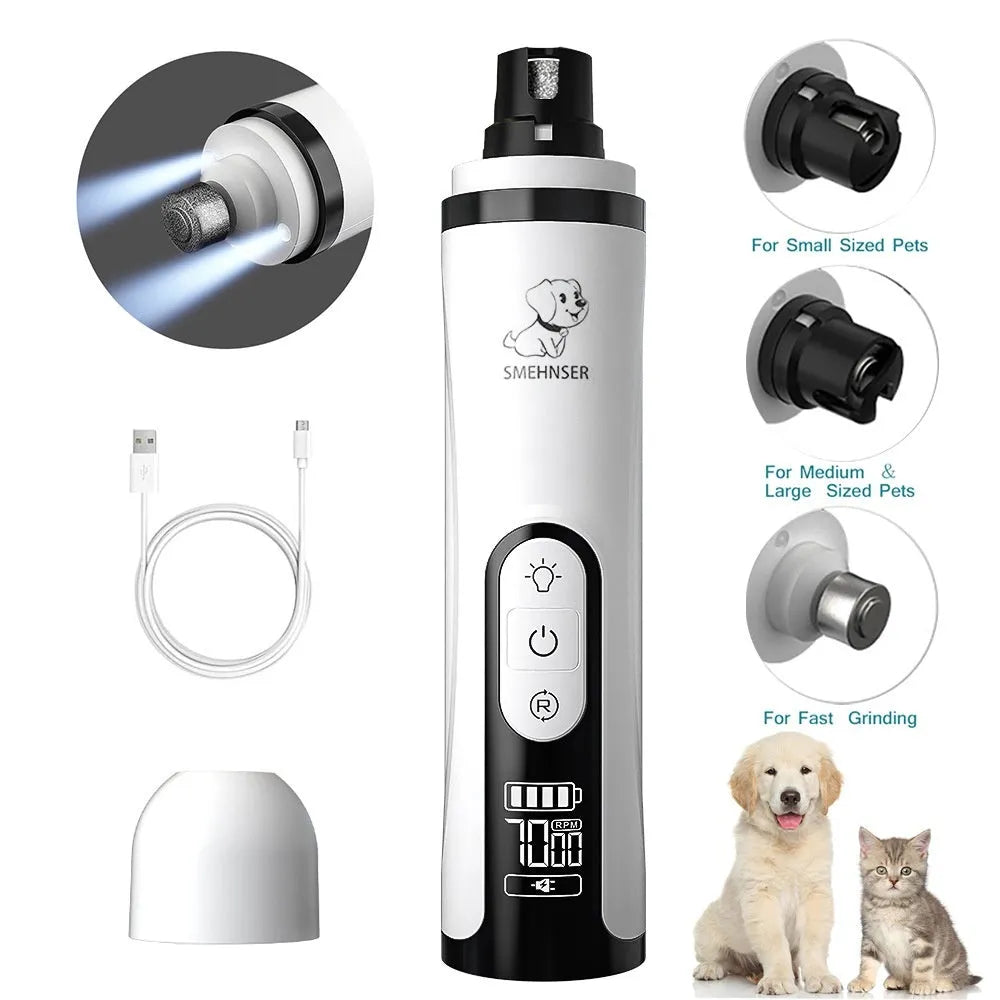 Electric dog nail grinder with LCD screen, LED lights, and dust collection bin on a white background.