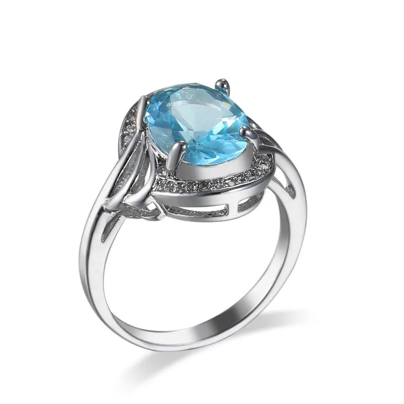 Ocean blue zircon copper ring in simple geometric women's style, sizes 6 to 10
