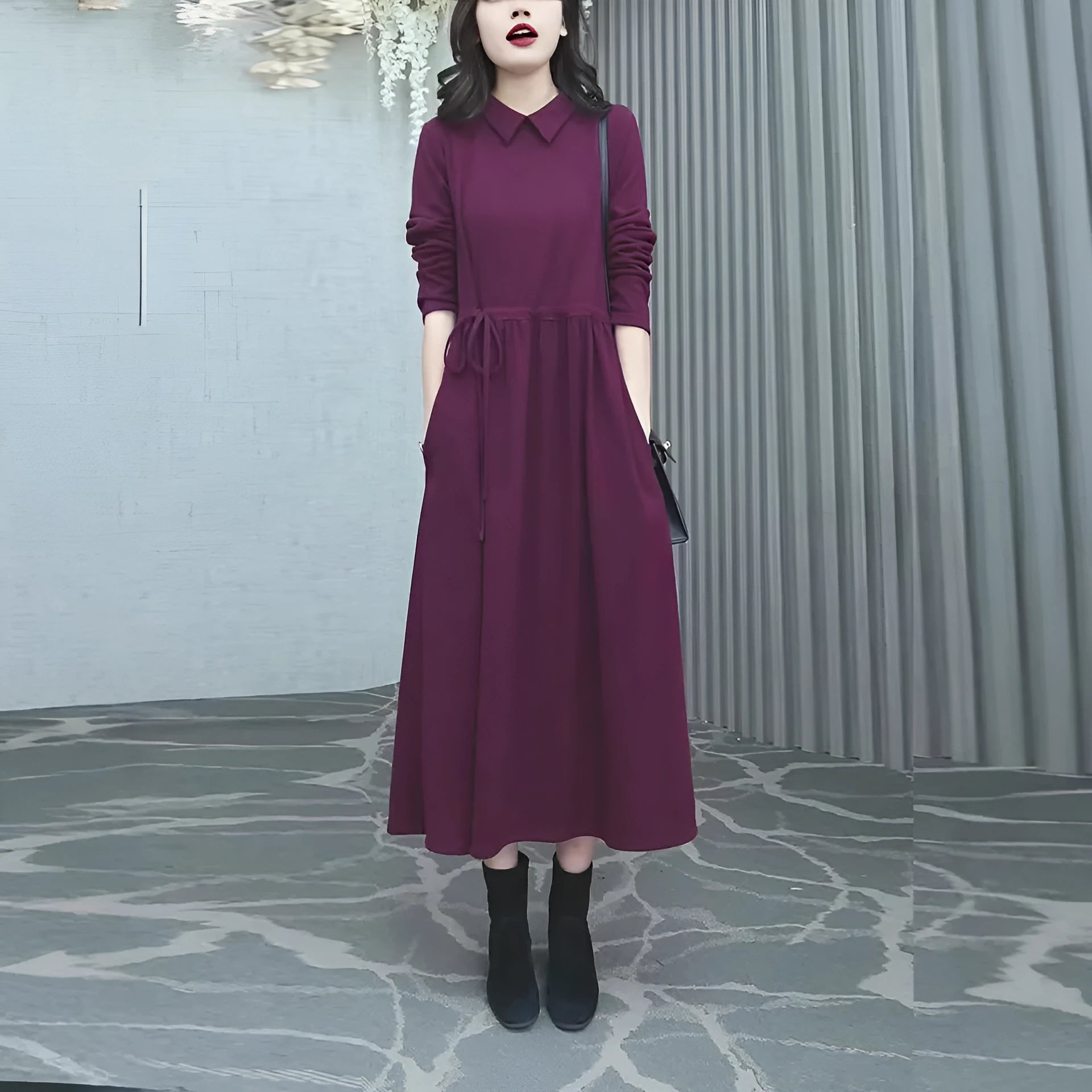 Women's purplish red plus size long sleeve dress for autumn and winter.