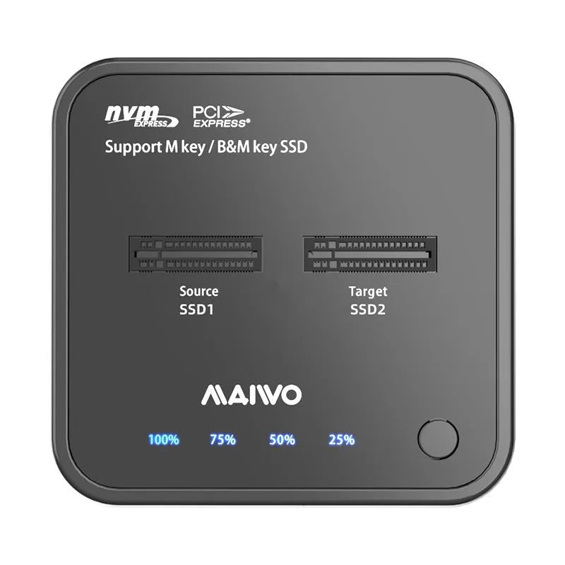 MAIWO K3016 M2 hard disk cloning dock for NVMe and SATA SSDs with USB cables and power adapter.