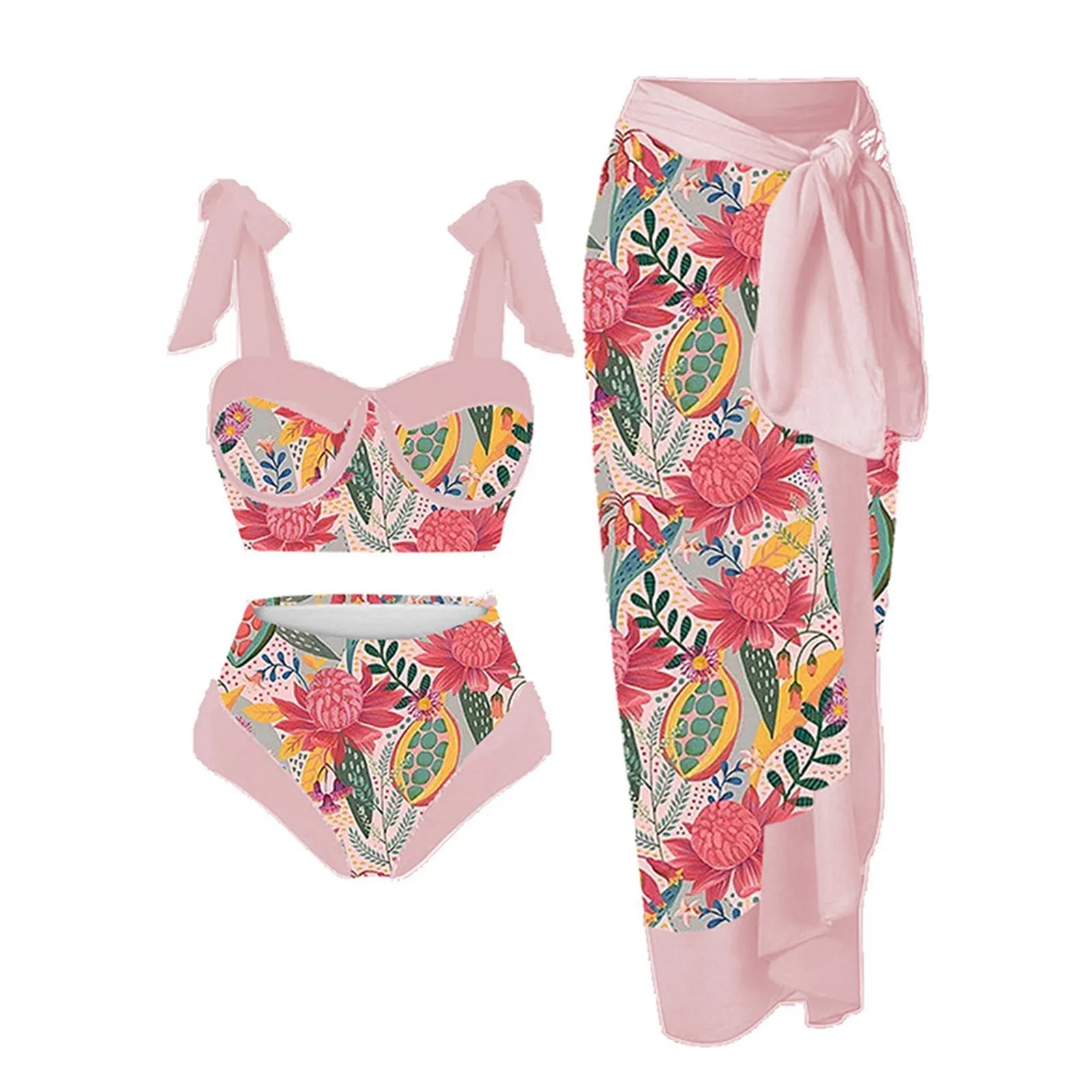 Women's pink floral print three-piece swimsuit set with skirt on a mannequin.
