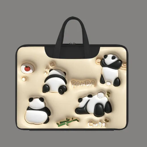Inflatable PU leather laptop bag with cartoon design hanging from suitcase handle