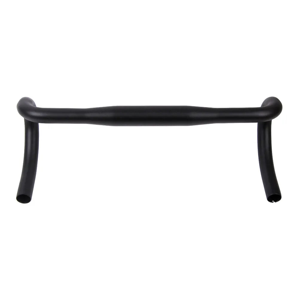Black aluminium alloy road bike drop handlebar with UNO printing marks showing multiple width options