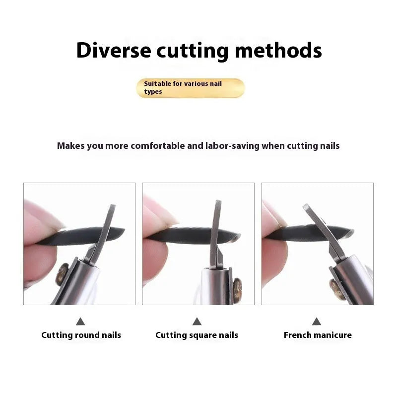 French U-shaped stainless steel nail art scissors shown in black, titanium, and silver handle finishes.