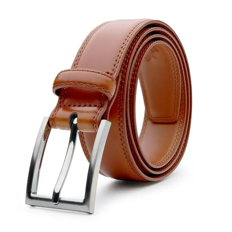 Men's brown genuine leather belt with 95-grain texture and a silver alloy buckle.