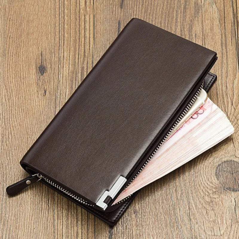 Men's long black PU leather zip wallet showing closed zipper and multifunctional design