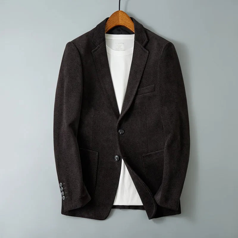 Slim-fit single-breasted Korean style jacket in khaki with straight hem and long sleeves on a hanger
