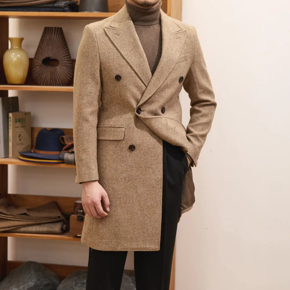 Men's brown wool double breasted slim fit jacket with side seam pockets and straight hem