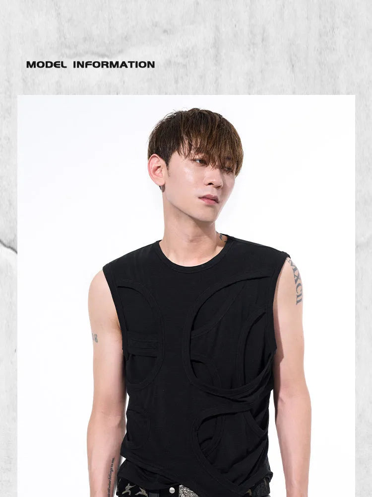 Men's solid grey lyocell vest with round neck collar on a hanger.