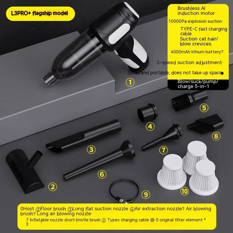 Handheld car vacuum cleaner with nozzle attachments in black, white, or grey colours
