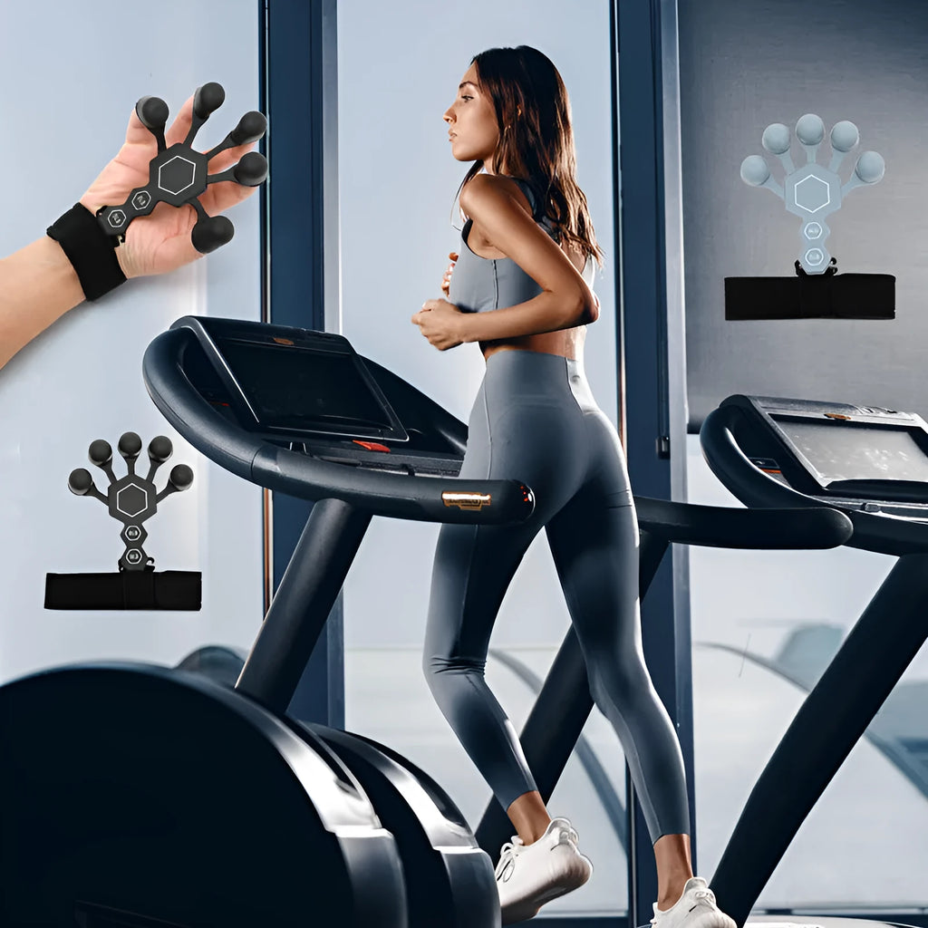 A black or grey silicone five-finger hand trainer for adult grip strength and rehabilitation.