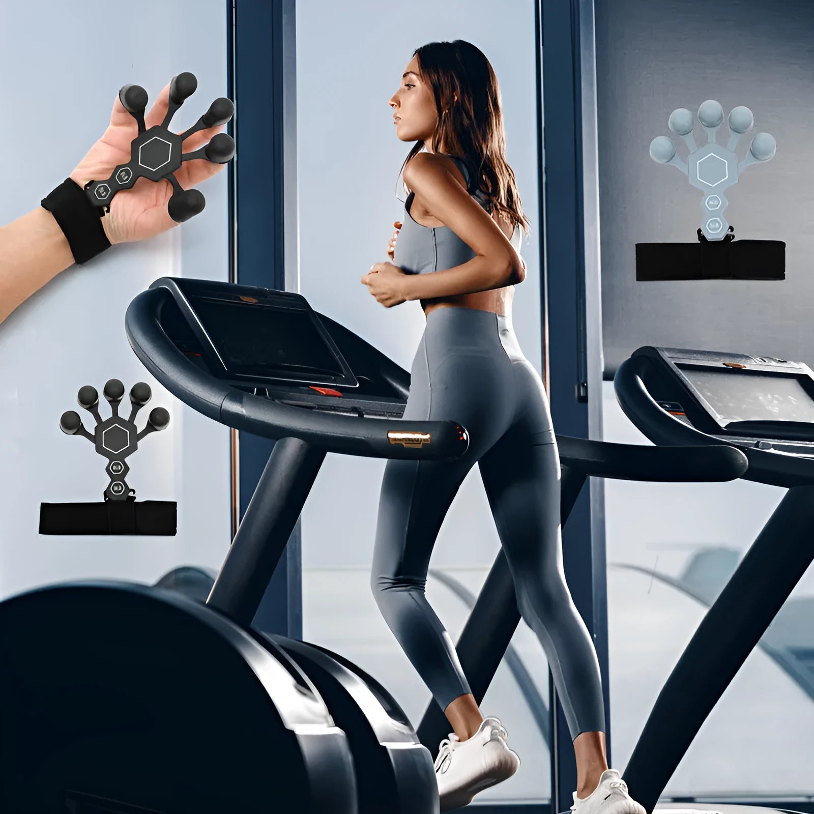 A black or grey silicone five-finger hand trainer for adult grip strength and rehabilitation.