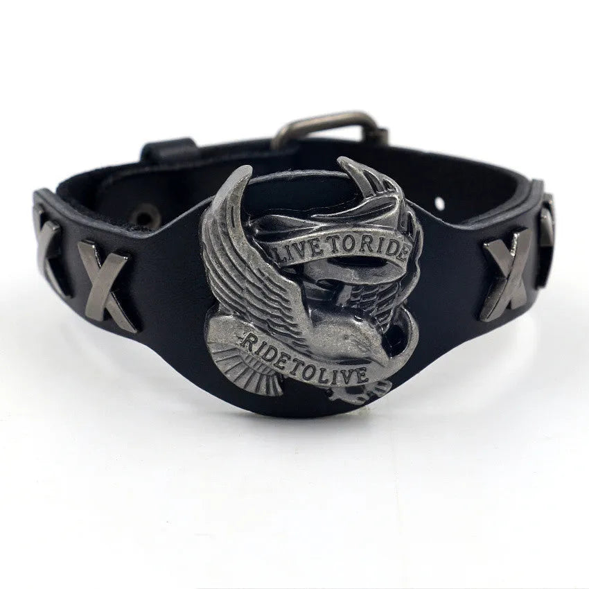 Black leather watch bracelet with geometric shape and a silver alloy eagle clasp.