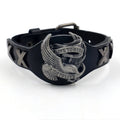Black leather watch bracelet with geometric shape and a silver alloy eagle clasp.