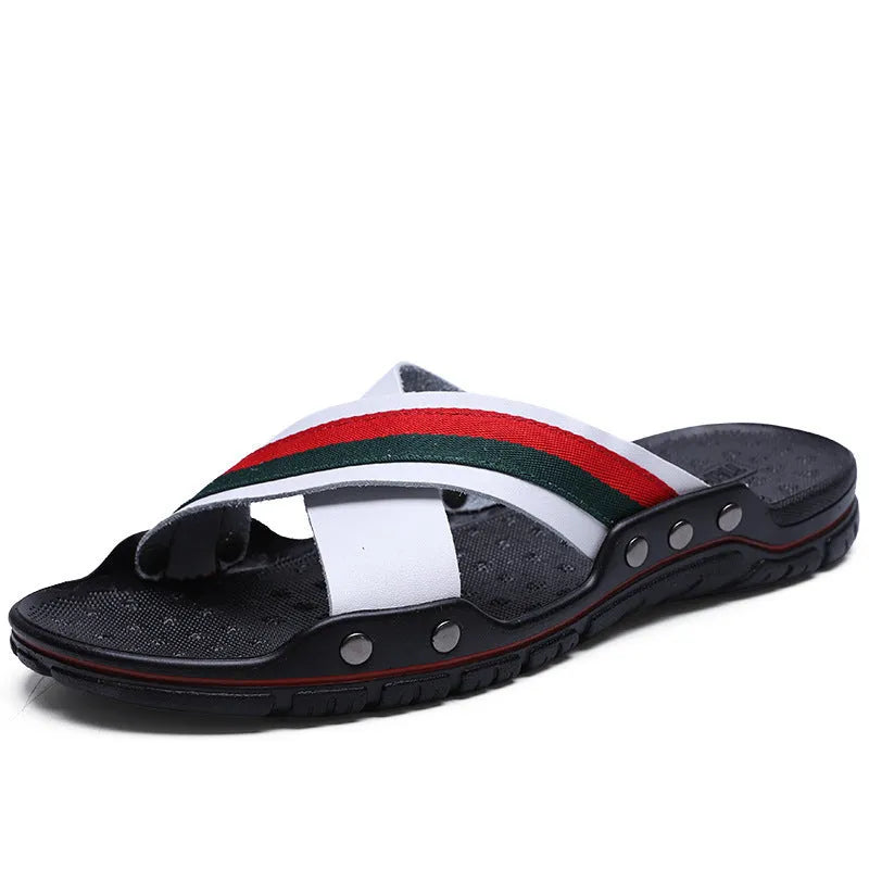 Men's cowhide flip-flops with non-slip PU sole in white, blue, and black colour options.
