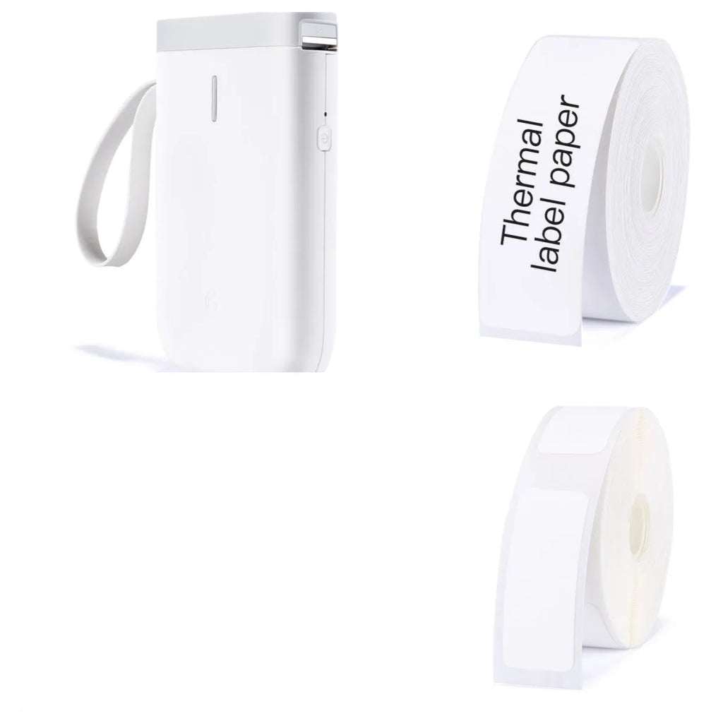 D11 Bluetooth thermal label printer with compact black design shown next to printed labels